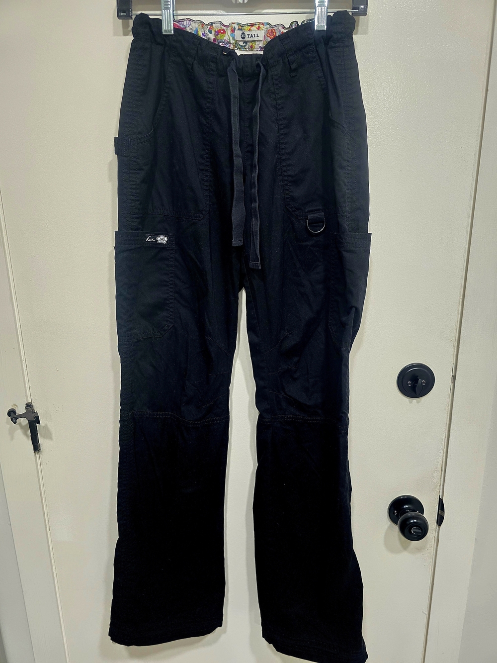 Koi Women’s black scrub cargo pants with drawstring waist
